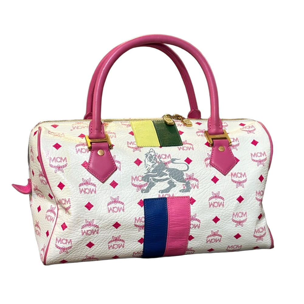 MCM White Satchel with Pink Handles and Multicolor Stripe - Picture 2 of 10
